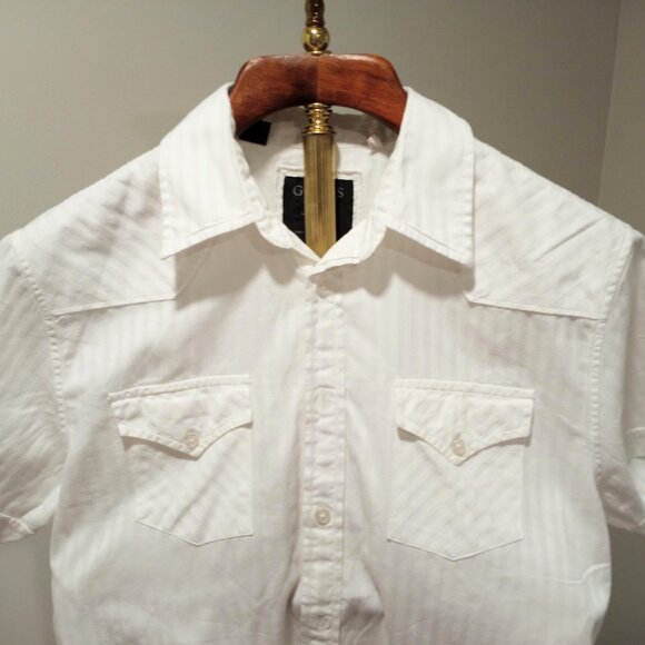 GUESS MEN'S SHORT SLEEVE SHIRT CREAM STRIATED 100% COTTON XL - Picture 5 of 6